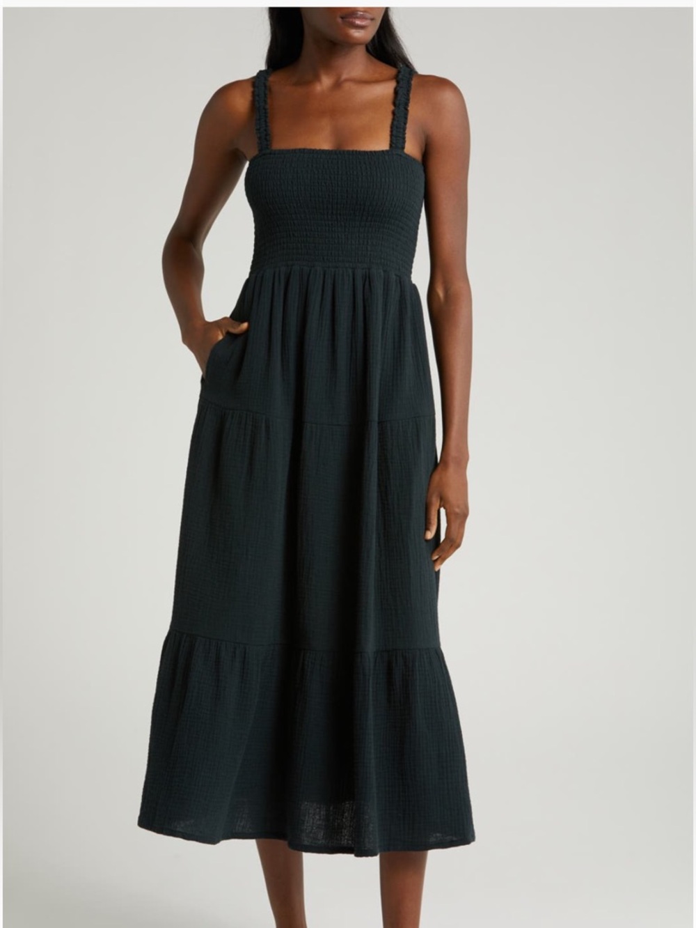 Marine Layer Selene Smocked Square-Neck Black Maxi Dress Size XL